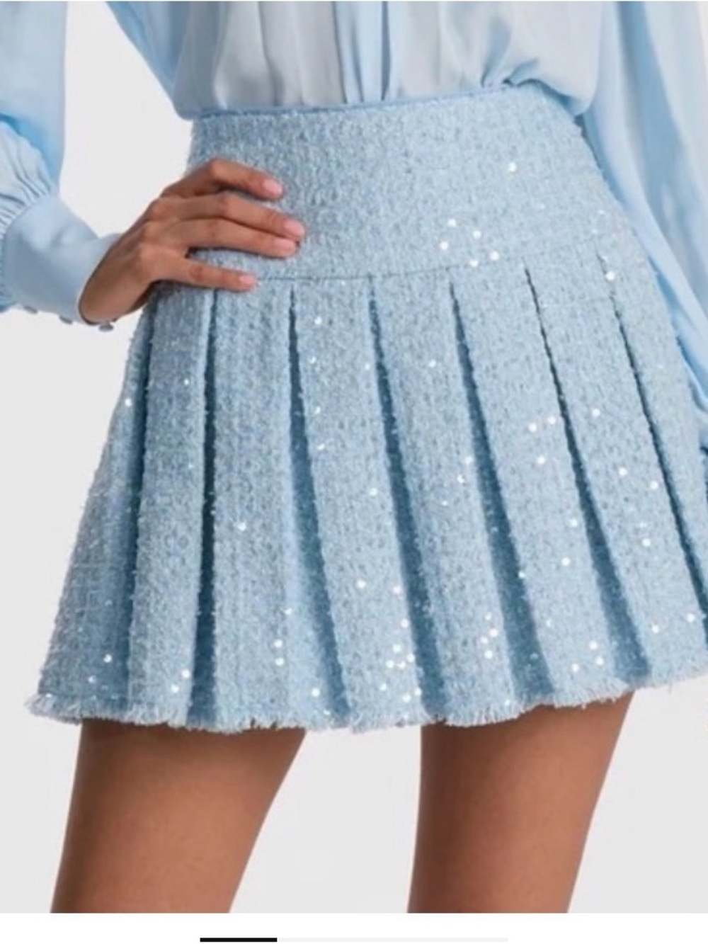 Alice and Olivia Light Blue Pleated Sequin Bouclé Skirt - Women
